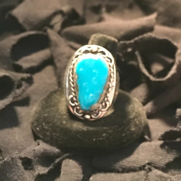 Antique Handmade Teal Natural Ring 925 Silver Size 12